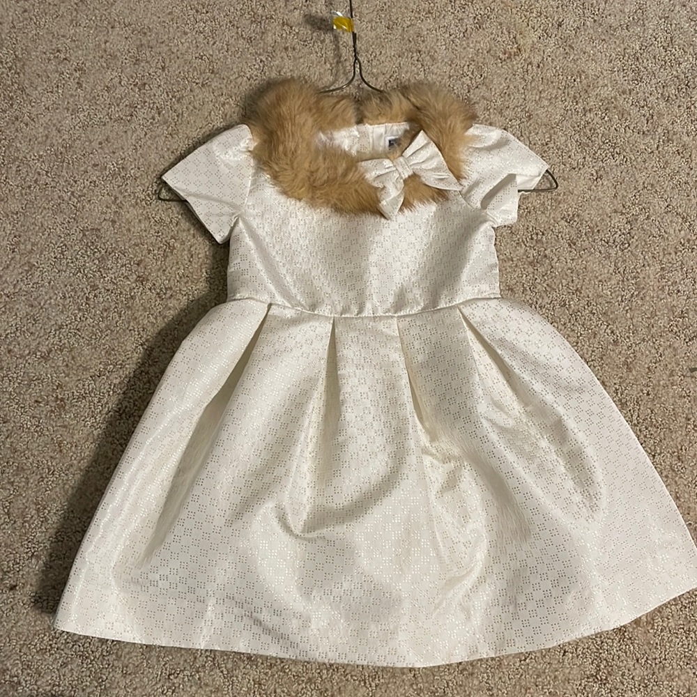 Janie & Jack gold and off white fur neck lined dress 18-24 months